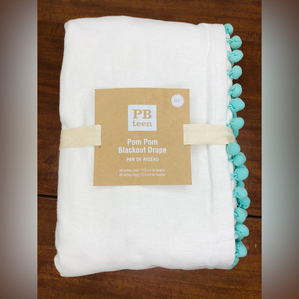 New Pottery Barn PB Teen Pom Pom Blackout Curtain Panel (1) Teal Poms  44”x 88”